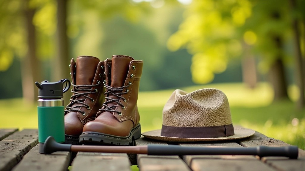 Group of walking sticks and comfortable walking boots arranged on a wooden bench, outdoor gear